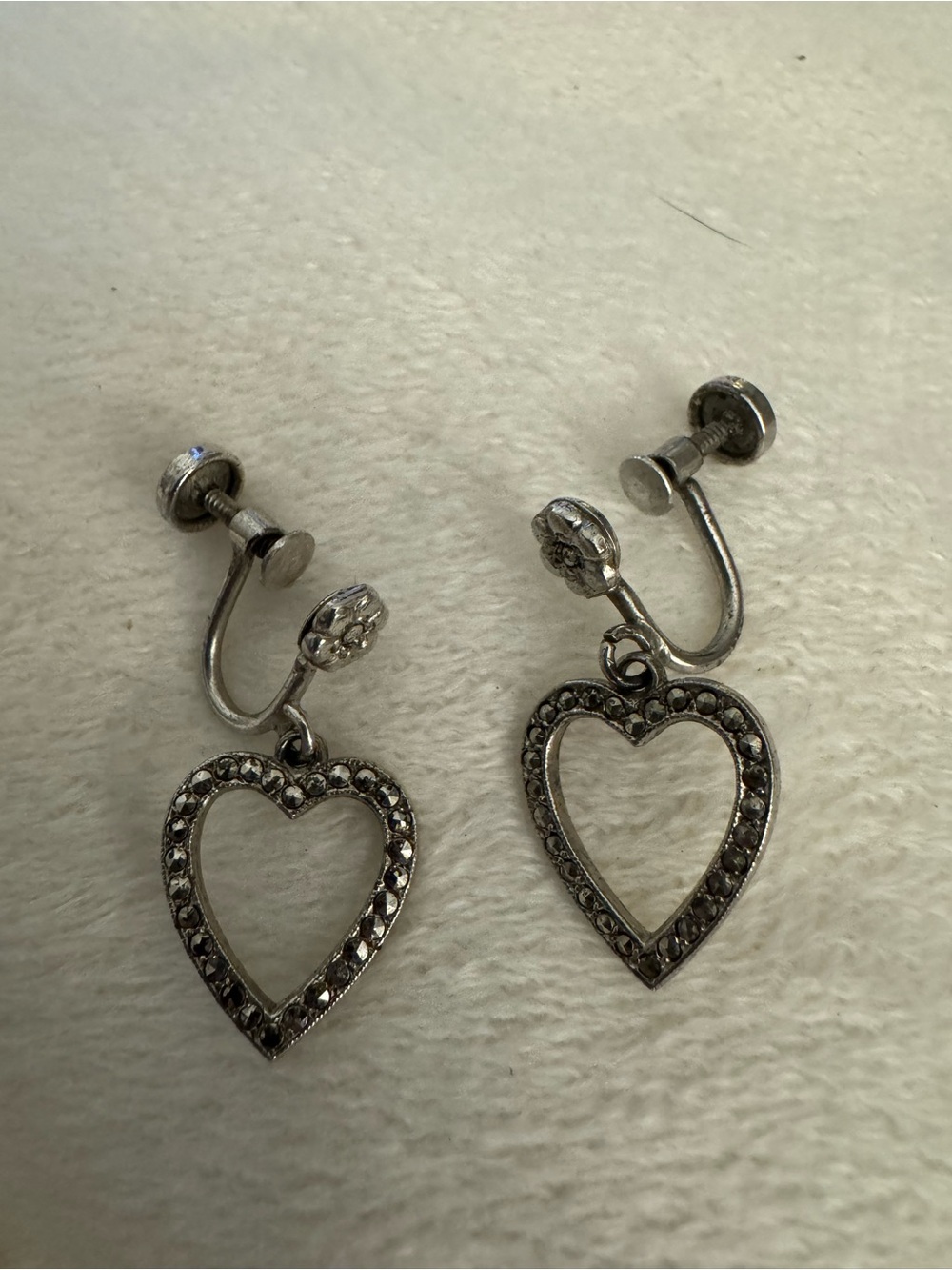 Open Heart Clip-On Drop Earrings in Silver with Crystal Accents
